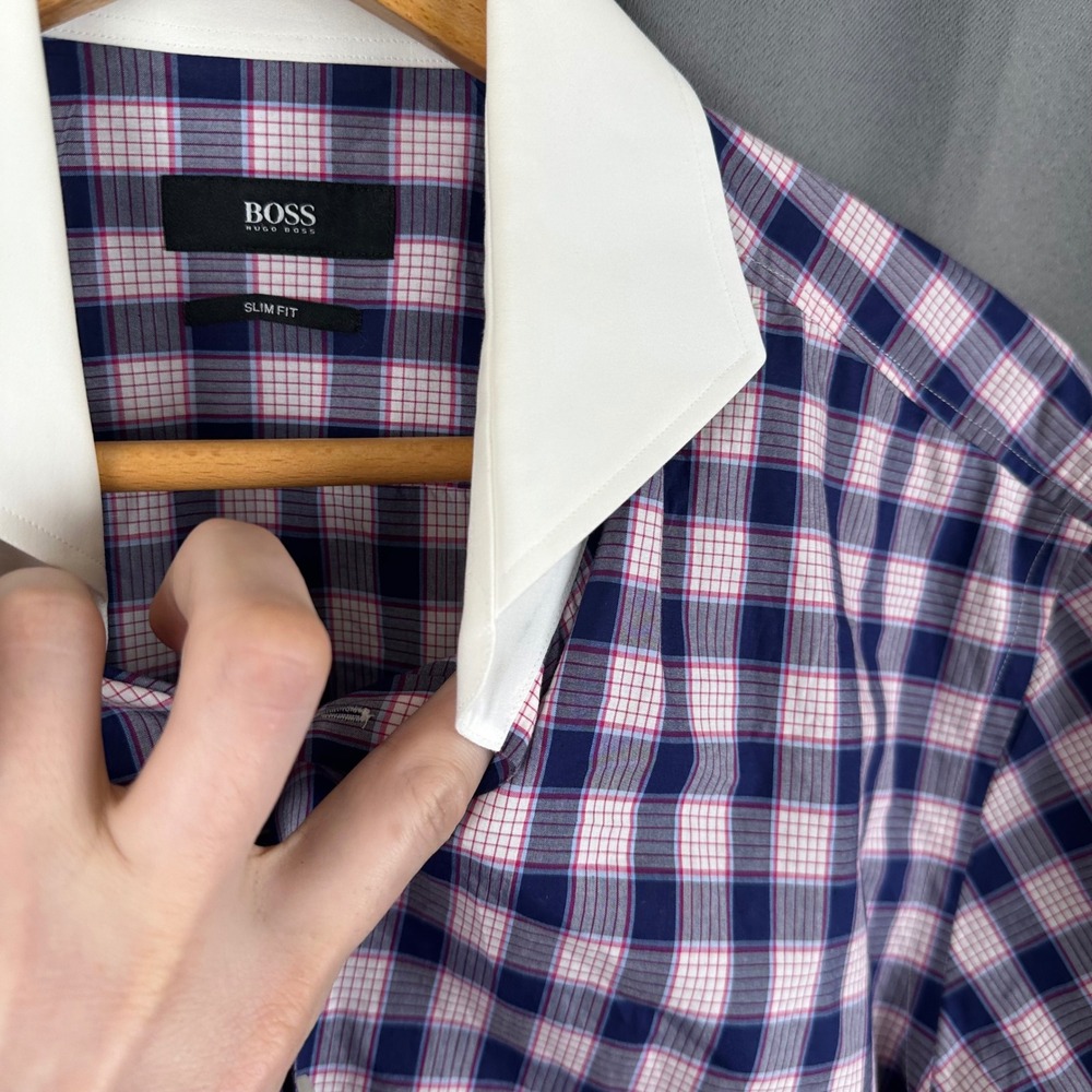 Hugo Boss Mens Slim Fit Check Dress Shirt Navy Pink White Collar 16 41 - Picture 4 of 9